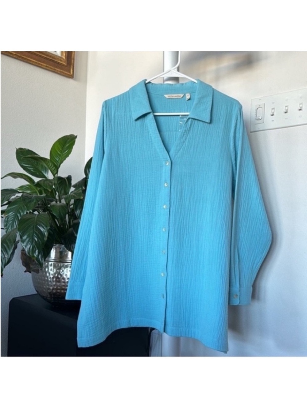 Soft Surroundings Escambia Gauze Tunic Top/Shirt Sz L Petite Blue V Neck New